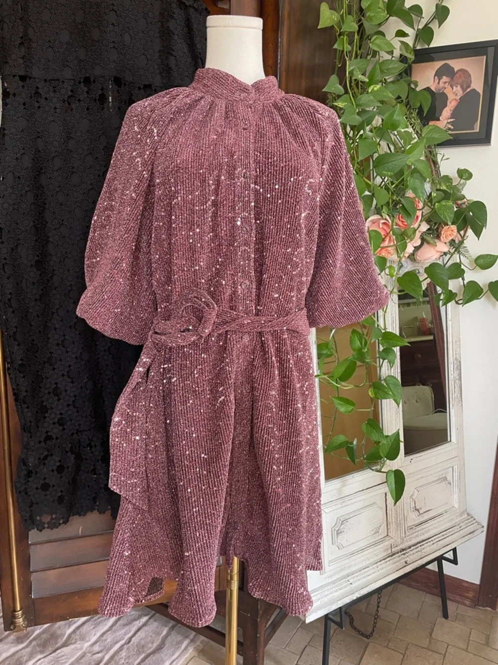 CIEBON Metallic Knit Nordstrom Sparkling Rose Pink Sequin Dress Medium Current - Picture 5 of 13